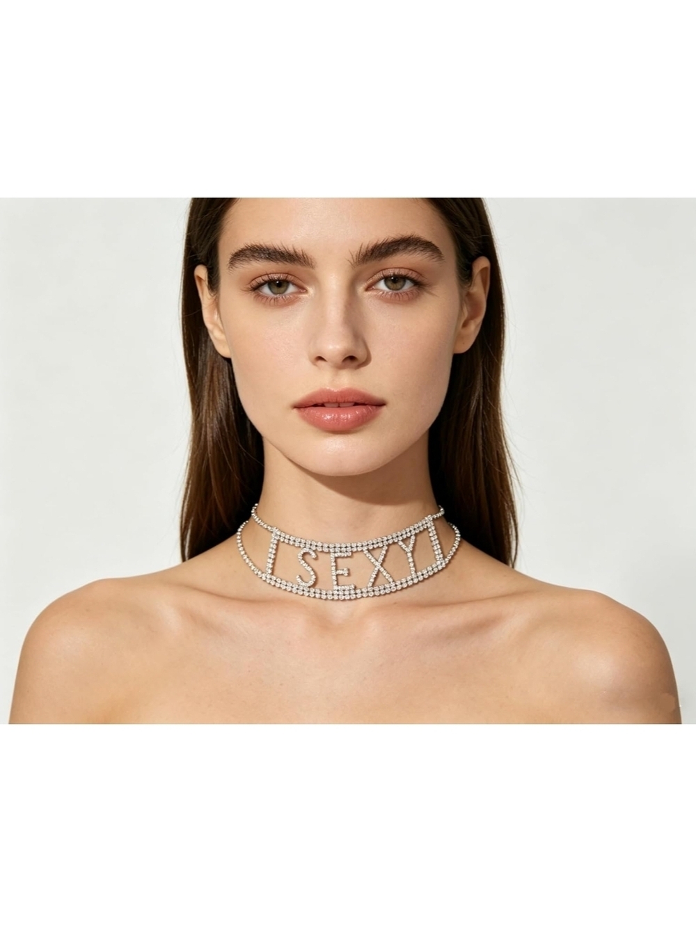 Crystal 'SEXY' Statement Choker Necklace - Silver Tone